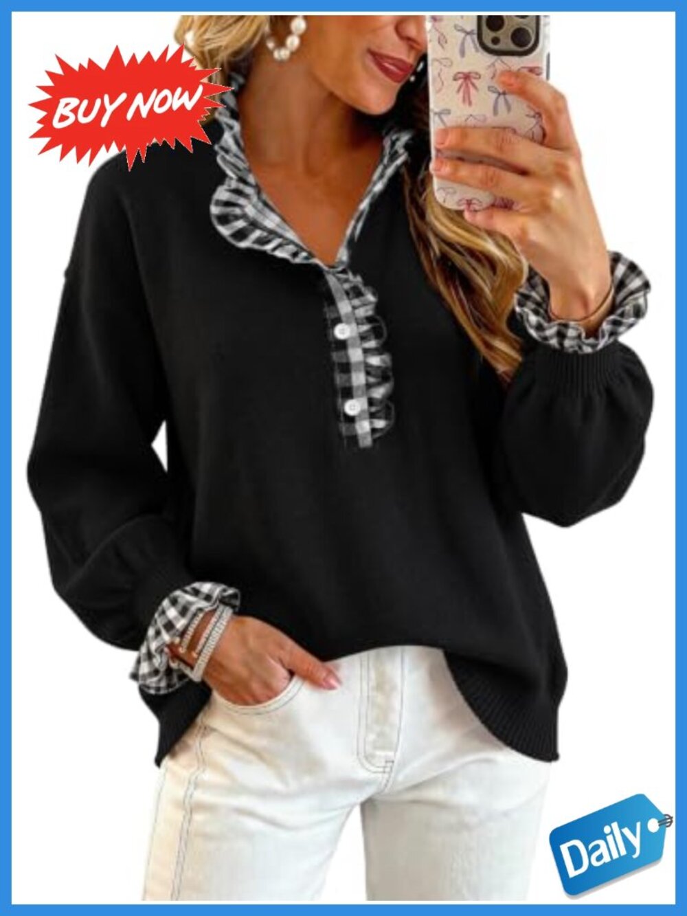 Womens Ruffle Knit Collared Quarter Pullover Sweater Teacher Fall
